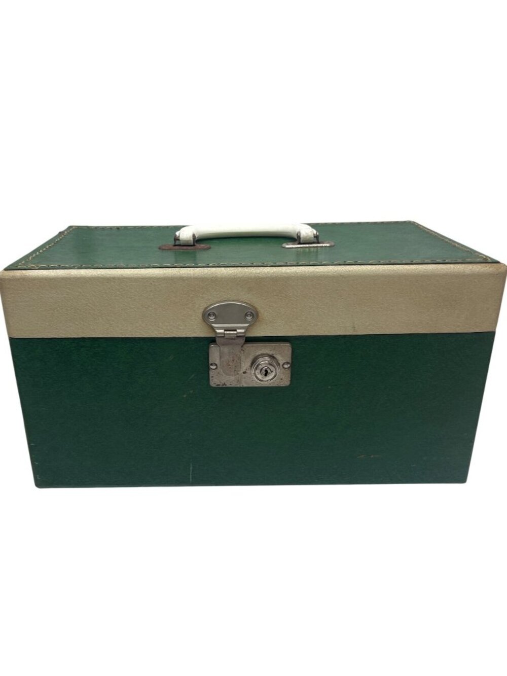Vintage Green/Cream Storage Box W/Red Interior Handle & Locking Clasp 15"x8"x8"